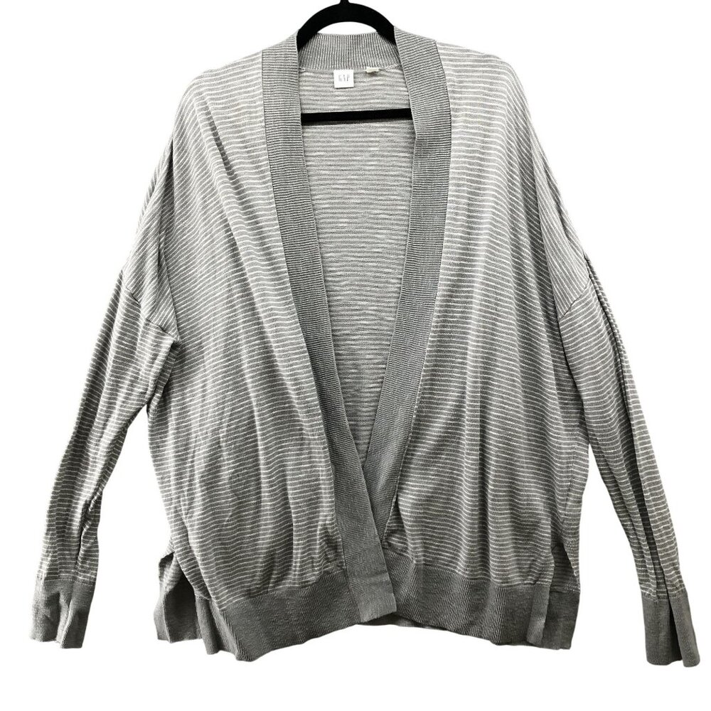 Gap‎ Open Front Cardigan Womens XL Gray Striped Slub Knit Lightweight Side Vents